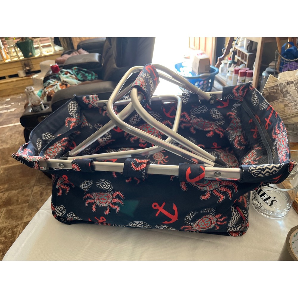Simply Southern Navyโ Blue Crab Anchor Collapsible Market Basket Picnic Tote Bag